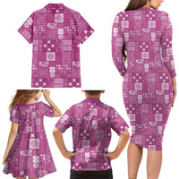 Vintage Hawaiian Quilting Patterns Family Matching Long Sleeve Bodycon Dress and Hawaiian Shirt Pink Style Tribal Fabric Patchwork LT9 - Polynesian Pride