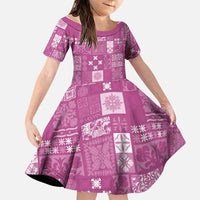 Vintage Hawaiian Quilting Patterns Family Matching Off The Shoulder Long Sleeve Dress and Hawaiian Shirt Pink Style Tribal Fabric Patchwork LT9 Daughter's Dress Pink - Polynesian Pride