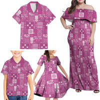 Vintage Hawaiian Quilting Patterns Family Matching Off Shoulder Maxi Dress and Hawaiian Shirt Pink Style Tribal Fabric Patchwork LT9 - Polynesian Pride
