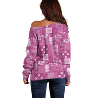 Vintage Hawaiian Quilting Patterns Off Shoulder Sweater Pink Style Tribal Fabric Patchwork - Polynesian Pride