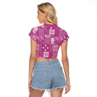 Vintage Hawaiian Quilting Patterns Raglan Cropped T Shirt Pink Style Tribal Fabric Patchwork - Polynesian Pride