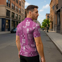 Vintage Hawaiian Quilting Patterns Zipper Polo Shirt Pink Style Tribal Fabric Patchwork - Polynesian Pride