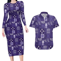 Vintage Hawaiian Quilting Patterns Couples Matching Long Sleeve Bodycon Dress and Hawaiian Shirt Purple Style Tribal Fabric Patchwork LT9 Purple - Polynesian Pride