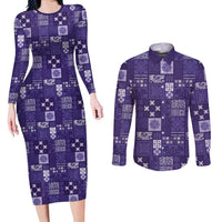Vintage Hawaiian Quilting Patterns Couples Matching Long Sleeve Bodycon Dress and Long Sleeve Button Shirt Purple Style Tribal Fabric Patchwork LT9 Purple - Polynesian Pride