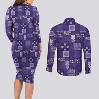Vintage Hawaiian Quilting Patterns Couples Matching Long Sleeve Bodycon Dress and Long Sleeve Button Shirt Purple Style Tribal Fabric Patchwork LT9 - Polynesian Pride