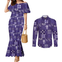 Vintage Hawaiian Quilting Patterns Couples Matching Mermaid Dress and Long Sleeve Button Shirt Purple Style Tribal Fabric Patchwork - Polynesian Pride