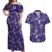 Vintage Hawaiian Quilting Patterns Couples Matching Off Shoulder Maxi Dress and Hawaiian Shirt Purple Style Tribal Fabric Patchwork - Polynesian Pride