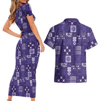 Vintage Hawaiian Quilting Patterns Couples Matching Short Sleeve Bodycon Dress and Hawaiian Shirt Purple Style Tribal Fabric Patchwork LT9 - Polynesian Pride
