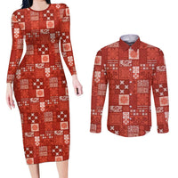 Vintage Hawaiian Quilting Patterns Couples Matching Long Sleeve Bodycon Dress and Long Sleeve Button Shirt Red Style Tribal Fabric Patchwork - Polynesian Pride