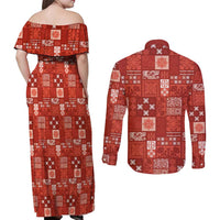 Vintage Hawaiian Quilting Patterns Couples Matching Off Shoulder Maxi Dress and Long Sleeve Button Shirt Red Style Tribal Fabric Patchwork - Polynesian Pride