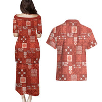 Vintage Hawaiian Quilting Patterns Couples Matching Puletasi and Hawaiian Shirt Red Style Tribal Fabric Patchwork - Polynesian Pride