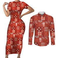 Vintage Hawaiian Quilting Patterns Couples Matching Short Sleeve Bodycon Dress and Long Sleeve Button Shirt Red Style Tribal Fabric Patchwork - Polynesian Pride