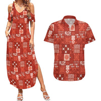 Vintage Hawaiian Quilting Patterns Couples Matching Summer Maxi Dress and Hawaiian Shirt Red Style Tribal Fabric Patchwork - Polynesian Pride