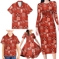 Vintage Hawaiian Quilting Patterns Family Matching Long Sleeve Bodycon Dress and Hawaiian Shirt Red Style Tribal Fabric Patchwork LT9 - Polynesian Pride