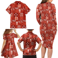 Vintage Hawaiian Quilting Patterns Family Matching Long Sleeve Bodycon Dress and Hawaiian Shirt Red Style Tribal Fabric Patchwork LT9 - Polynesian Pride