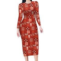 Vintage Hawaiian Quilting Patterns Family Matching Long Sleeve Bodycon Dress and Hawaiian Shirt Red Style Tribal Fabric Patchwork LT9 Mom's Dress Red - Polynesian Pride