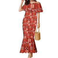 Vintage Hawaiian Quilting Patterns Family Matching Mermaid Dress and Hawaiian Shirt Red Style Tribal Fabric Patchwork LT9 Mom's Dress Red - Polynesian Pride