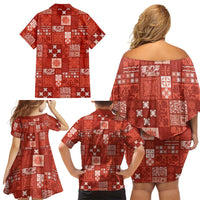 Vintage Hawaiian Quilting Patterns Family Matching Off Shoulder Short Dress and Hawaiian Shirt Red Style Tribal Fabric Patchwork LT9 - Polynesian Pride