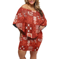 Vintage Hawaiian Quilting Patterns Family Matching Off Shoulder Short Dress and Hawaiian Shirt Red Style Tribal Fabric Patchwork LT9 Mom's Dress Red - Polynesian Pride