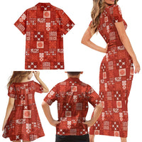 Vintage Hawaiian Quilting Patterns Family Matching Short Sleeve Bodycon Dress and Hawaiian Shirt Red Style Tribal Fabric Patchwork LT9 - Polynesian Pride