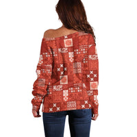 Vintage Hawaiian Quilting Patterns Off Shoulder Sweater Red Style Tribal Fabric Patchwork - Polynesian Pride