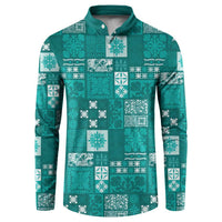 Vintage Hawaiian Quilting Patterns Button Sweatshirt Turquoise Style Tribal Fabric Patchwork - Polynesian Pride