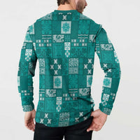 Vintage Hawaiian Quilting Patterns Button Sweatshirt Turquoise Style Tribal Fabric Patchwork - Polynesian Pride
