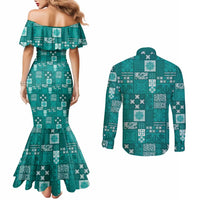 Vintage Hawaiian Quilting Patterns Couples Matching Mermaid Dress and Long Sleeve Button Shirt Turquoise Style Tribal Fabric Patchwork - Polynesian Pride