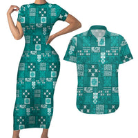 Vintage Hawaiian Quilting Patterns Couples Matching Short Sleeve Bodycon Dress and Hawaiian Shirt Turquoise Style Tribal Fabric Patchwork LT9 Turquoise - Polynesian Pride