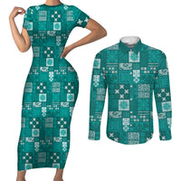 Vintage Hawaiian Quilting Patterns Couples Matching Short Sleeve Bodycon Dress and Long Sleeve Button Shirt Turquoise Style Tribal Fabric Patchwork - Polynesian Pride
