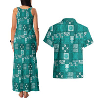 Vintage Hawaiian Quilting Patterns Couples Matching Tank Maxi Dress and Hawaiian Shirt Turquoise Style Tribal Fabric Patchwork - Polynesian Pride
