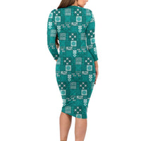 Vintage Hawaiian Quilting Patterns Family Matching Long Sleeve Bodycon Dress and Hawaiian Shirt Turquoise Style Tribal Fabric Patchwork LT9 - Polynesian Pride