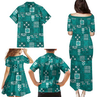 Vintage Hawaiian Quilting Patterns Family Matching Puletasi and Hawaiian Shirt Turquoise Style Tribal Fabric Patchwork LT9 - Polynesian Pride