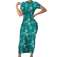 Vintage Hawaiian Quilting Patterns Family Matching Short Sleeve Bodycon Dress and Hawaiian Shirt Turquoise Style Tribal Fabric Patchwork LT9 Mom's Dress Turquoise - Polynesian Pride