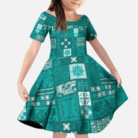 Vintage Hawaiian Quilting Patterns Family Matching Summer Maxi Dress and Hawaiian Shirt Turquoise Style Tribal Fabric Patchwork LT9 Daughter's Dress Turquoise - Polynesian Pride
