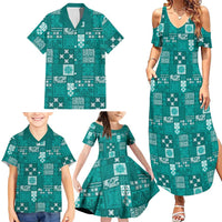 Vintage Hawaiian Quilting Patterns Family Matching Summer Maxi Dress and Hawaiian Shirt Turquoise Style Tribal Fabric Patchwork LT9 - Polynesian Pride