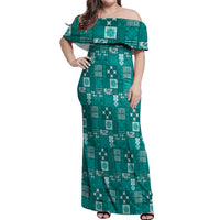 Vintage Hawaiian Quilting Patterns Off Shoulder Maxi Dress Turquoise Style Tribal Fabric Patchwork - Polynesian Pride