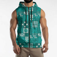 Vintage Hawaiian Quilting Patterns Sleeveless Zip Hoodie Turquoise Style Tribal Fabric Patchwork - Polynesian Pride