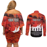 Anzac Day Gallipoli Personalised Couples Matching Off Shoulder Short Dress and Long Sleeve Button Shirt Red Poppy Flowers LT9 - Polynesian Pride