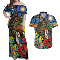 Kiwi-Kookaburra Bird ANZAC Personalised Couples Matching Off Shoulder Maxi Dress and Hawaiian Shirt Aussie Golden Wattle Poppy Flowers LT9 Blue - Polynesian Pride