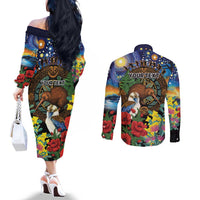Kiwi-Kookaburra Bird ANZAC Personalised Couples Matching Off The Shoulder Long Sleeve Dress and Long Sleeve Button Shirt Aussie Golden Wattle Poppy Flowers LT9 - Polynesian Pride