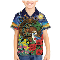 Kiwi-Kookaburra Bird ANZAC Personalised Family Matching Mermaid Dress and Hawaiian Shirt Aussie Golden Wattle Poppy Flowers LT9 Son's Shirt Blue - Polynesian Pride