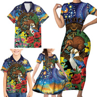 Kiwi-Kookaburra Bird ANZAC Personalised Family Matching Short Sleeve Bodycon Dress and Hawaiian Shirt Aussie Golden Wattle Poppy Flowers LT9 - Polynesian Pride