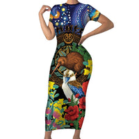 Kiwi-Kookaburra Bird ANZAC Personalised Family Matching Short Sleeve Bodycon Dress and Hawaiian Shirt Aussie Golden Wattle Poppy Flowers LT9 Mom's Dress Blue - Polynesian Pride