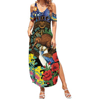 Kiwi-Kookaburra Bird ANZAC Personalised Family Matching Summer Maxi Dress and Hawaiian Shirt Aussie Golden Wattle Poppy Flowers LT9 Mom's Dress Blue - Polynesian Pride