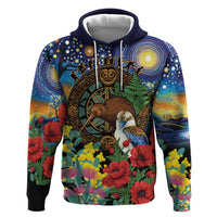 Kiwi-Kookaburra Bird ANZAC Personalised Hoodie Aussie Golden Wattle Poppy Flowers LT9 Pullover Hoodie Blue - Polynesian Pride