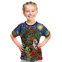 Kiwi-Kookaburra Bird ANZAC Personalised Kid T Shirt Aussie Golden Wattle Poppy Flowers LT9 Blue - Polynesian Pride