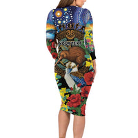 Kiwi-Kookaburra Bird ANZAC Personalised Long Sleeve Bodycon Dress Aussie Golden Wattle Poppy Flowers LT9 - Polynesian Pride