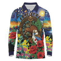 Kiwi-Kookaburra Bird ANZAC Personalised Long Sleeve Polo Shirt Aussie Golden Wattle Poppy Flowers LT9 Blue - Polynesian Pride