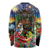 Kiwi-Kookaburra Bird ANZAC Personalised Long Sleeve Shirt Aussie Golden Wattle Poppy Flowers LT9 - Polynesian Pride